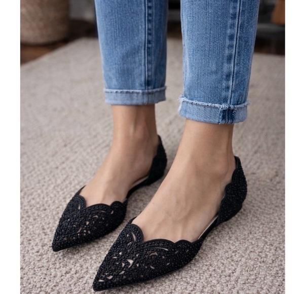 Betsey Johnson Shoes - Betsey Johnson Lucy  embellished  black Pointed-Toe Woven Flat Loafers size 7.5